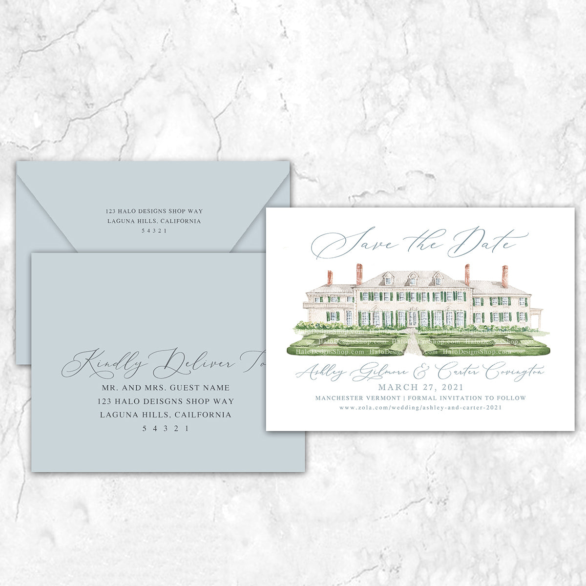 Custom watercolor Save the Date card featuring hand-painted venue illustration of Hildene Lincoln Family Home in Manchester Vermont personalized wedding stationery with elegant venue artwork with matching envelope. 