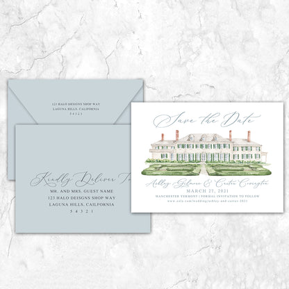 Custom watercolor Save the Date card featuring hand-painted venue illustration of Hildene Lincoln Family Home in Manchester Vermont personalized wedding stationery with elegant venue artwork with matching envelope. 