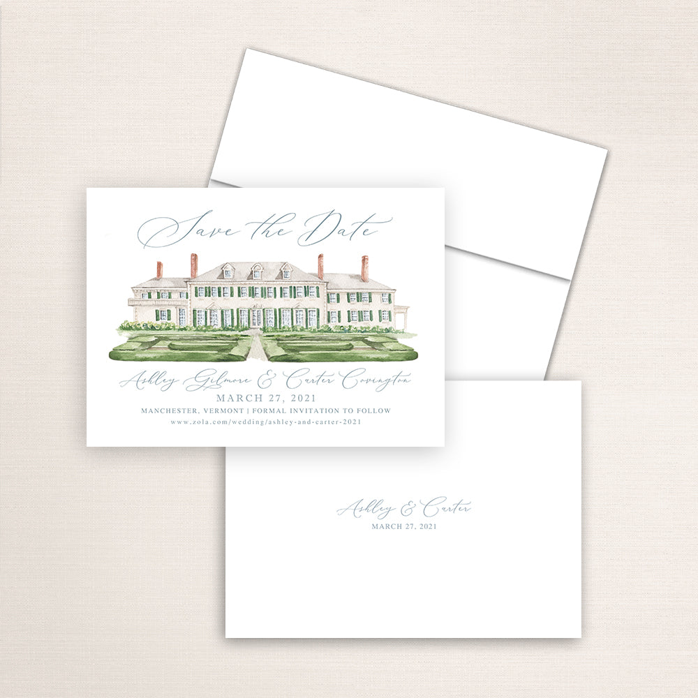 Custom watercolor Save the Date card featuring hand-painted venue illustration of Hildene Lincoln Family Home in Manchester, Vermont, personalized wedding stationery with elegant venue artwork. 
