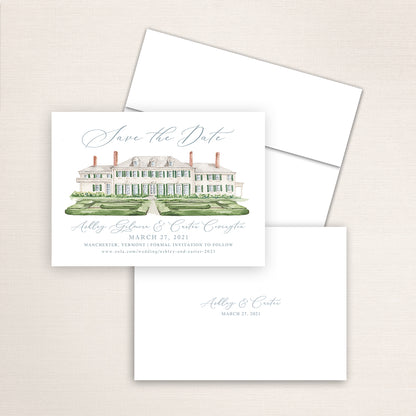 Custom watercolor Save the Date card featuring hand-painted venue illustration of Hildene Lincoln Family Home in Manchester, Vermont, personalized wedding stationery with elegant venue artwork. 
