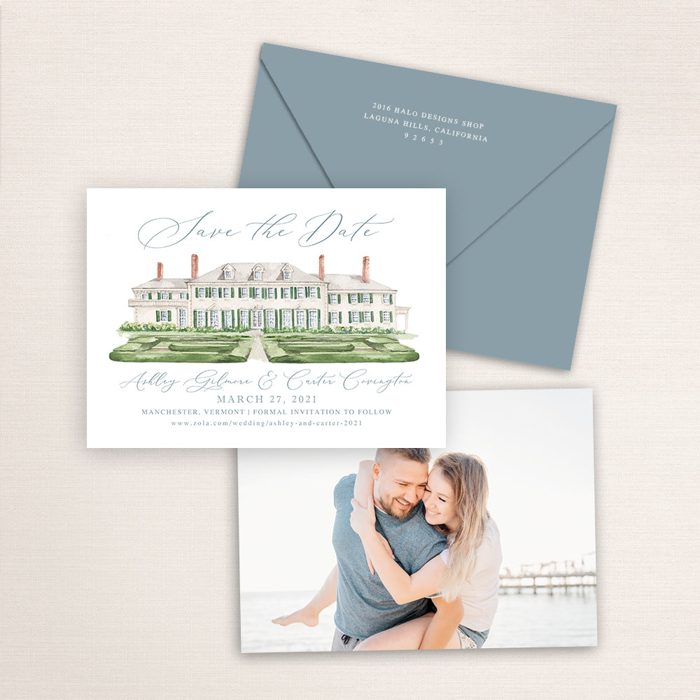 Custom watercolor Save the Date card featuring hand-painted venue illustration of Hildene Lincoln Family Home in Manchester, Vermont, personalized wedding stationery with elegant venue artwork with matching envelope.