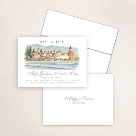 Hotel del Coronado wedding save the date featuring detailed watercolor artwork of the historic San Diego resort, refined script names, white envelope, and minimalist printed back with couple’s names and date.