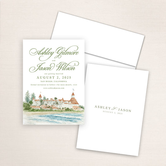 Hotel del Coronado wedding save the date featuring detailed watercolor artwork of the historic San Diego resort, refined script names, white envelope, and minimalist printed back with couple’s names and date.