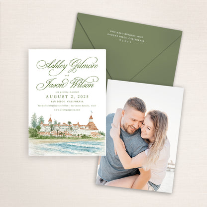 Hotel del Coronado save the date with hand-painted watercolor illustration of the iconic red-roofed San Diego beachfront resort, soft coastal tones, coordinating envelope, and engagement photo on the back.