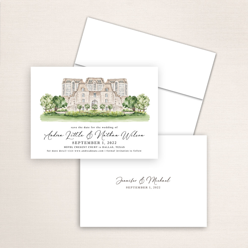 Custom watercolor Save the Date card featuring hand-painted venue illustration of Hotel Crescent Court in Dallas, Texas, personalized wedding stationery with elegant venue artwork. 