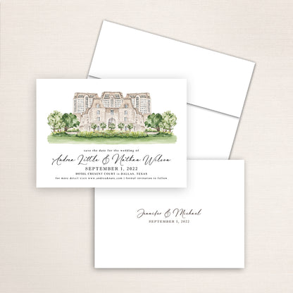 Custom watercolor Save the Date card featuring hand-painted venue illustration of Hotel Crescent Court in Dallas, Texas, personalized wedding stationery with elegant venue artwork. 