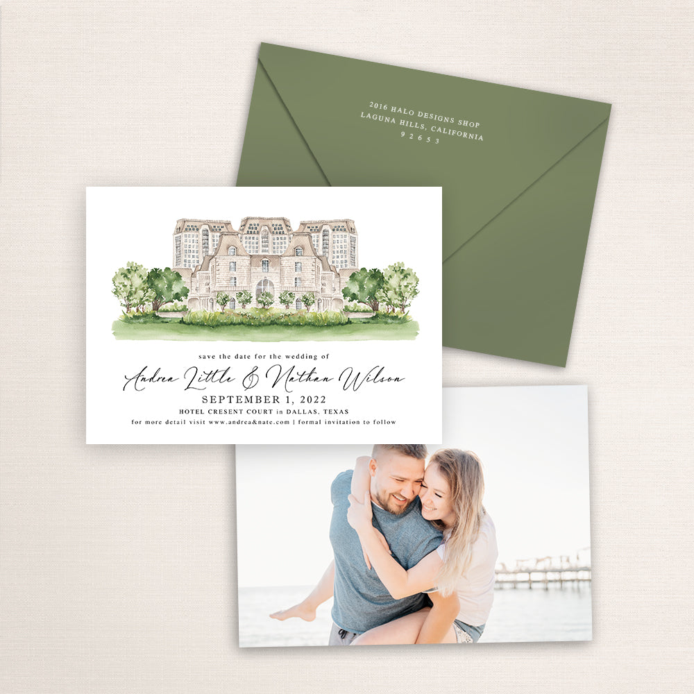 Custom watercolor Save the Date card featuring hand-painted venue illustration of Hotel Crescent Court in Dallas, Texas, personalized wedding stationery with elegant venue artwork with matching envelope.