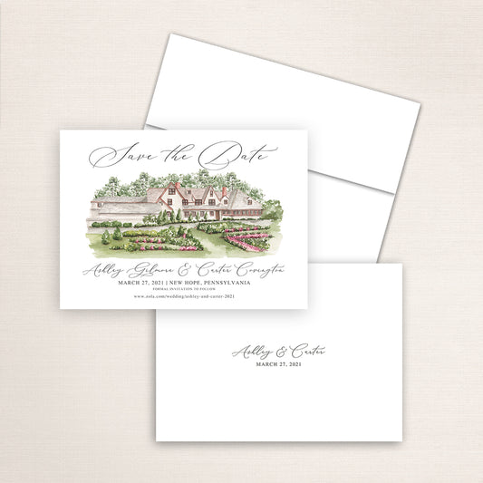 Custom watercolor Save the Date card featuring hand-painted venue illustration of Hotel du Village in New Hope, Pennsylvania, personalized wedding stationery with elegant venue artwork. 
