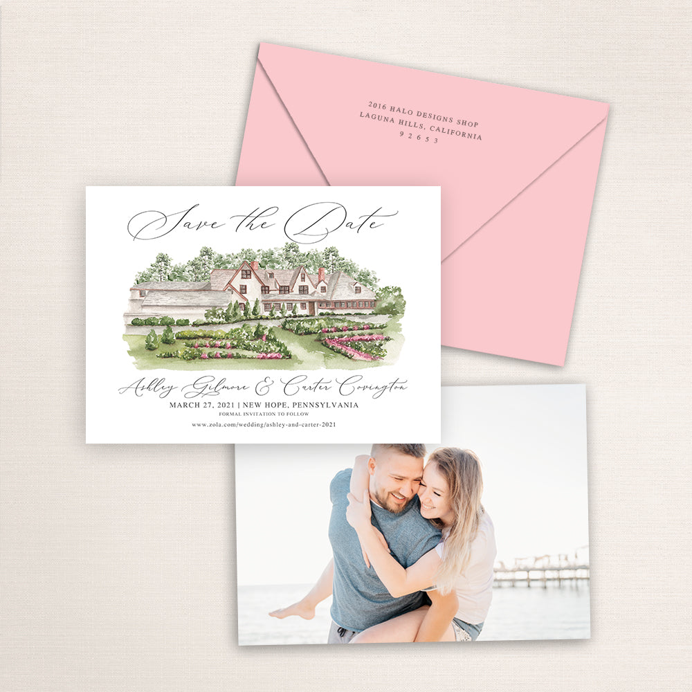 Custom watercolor Save the Date card featuring hand-painted venue illustration of Hotel du Village in New Hope, Pennsylvania, personalized wedding stationery with elegant venue artwork with matching envelope.