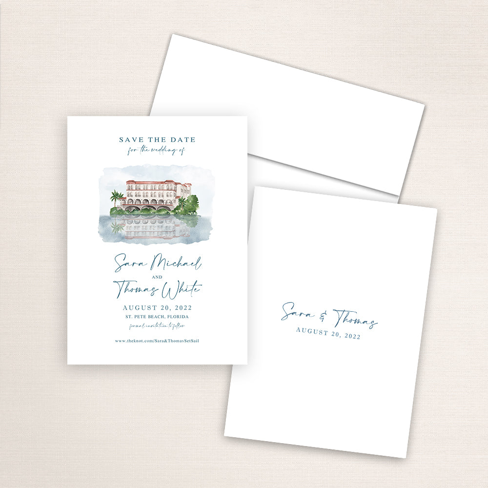 Custom watercolor Save the Date card featuring hand-painted venue illustration of Hotel Zamora in St. Pete Beach, Florida, personalized wedding stationery with elegant venue artwork. 