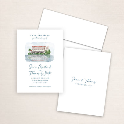Custom watercolor Save the Date card featuring hand-painted venue illustration of Hotel Zamora in St. Pete Beach, Florida, personalized wedding stationery with elegant venue artwork. 