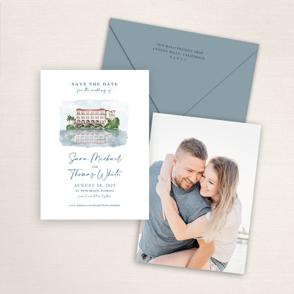 Custom watercolor Save the Date card featuring hand-painted venue illustration of Hotel Zamora in St. Pete Beach, Florida, personalized wedding stationery with elegant venue artwork with matching envelope.