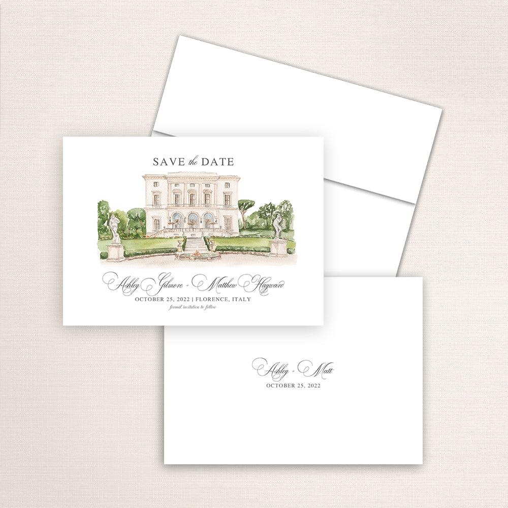 Custom watercolor Save the Date card featuring hand-painted venue illustration of Hotel Villa Cora in Florence, Italy, personalized wedding stationery with elegant venue artwork. 