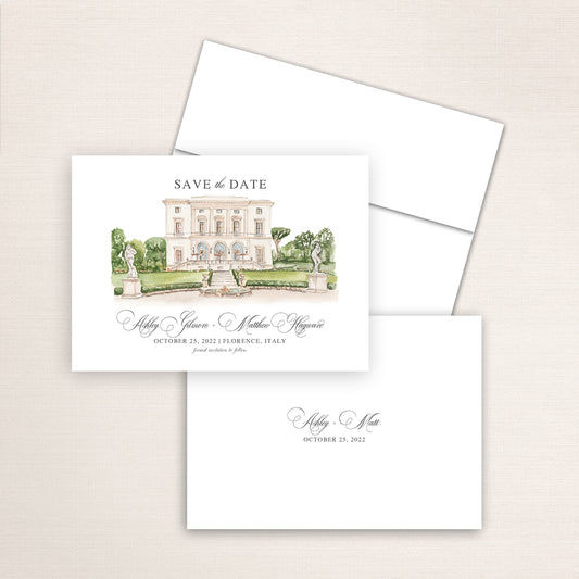 Custom watercolor Save the Date card featuring hand-painted venue illustration of Hotel Villa Cora in Florence, Italy, personalized wedding stationery with elegant venue artwork. 
