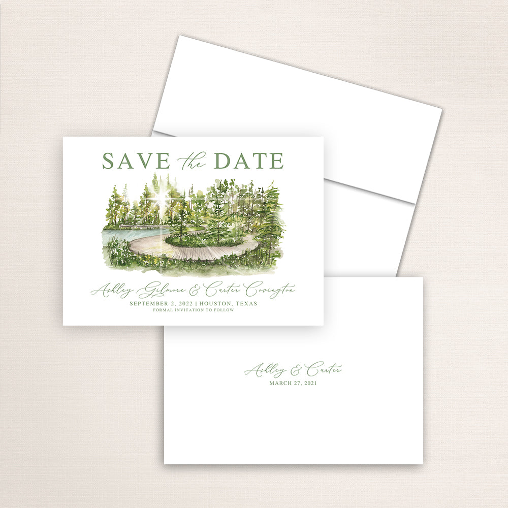 Custom watercolor Save the Date card featuring hand-painted venue illustration of the Aboretum in Houston, Texas, personalized wedding stationery with elegant venue artwork. 