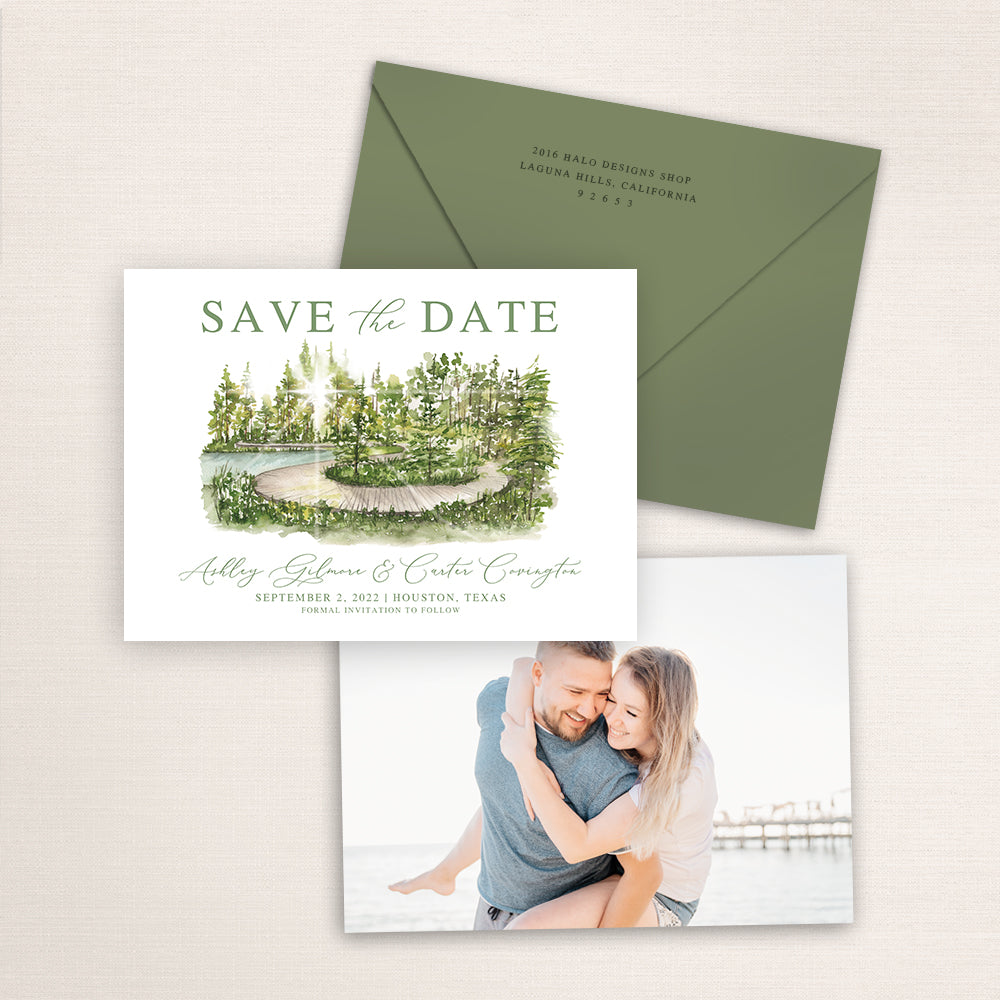 Custom watercolor Save the Date card featuring hand-painted venue illustration of the Aboretum in Houston, Texas, personalized wedding stationery with elegant venue artwork with matching envelope.