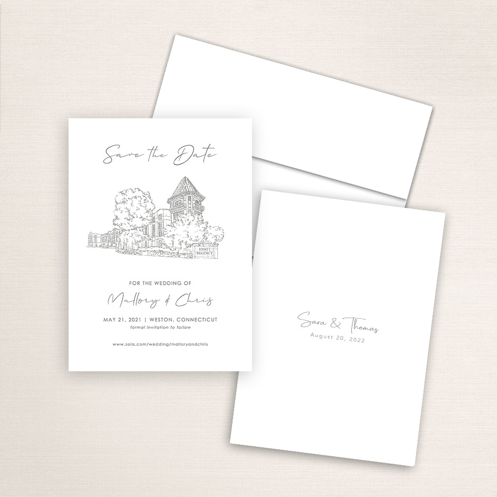 Custom sketch Save the Date card featuring hand-drawn venue illustration of the Hyatt Regency Weston in Weston, Connecticut, personalized wedding stationery with elegant venue artwork. 