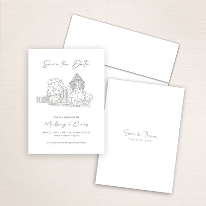 Custom sketch Save the Date card featuring hand-drawn venue illustration of the Hyatt Regency Weston in Weston, Connecticut, personalized wedding stationery with elegant venue artwork. 