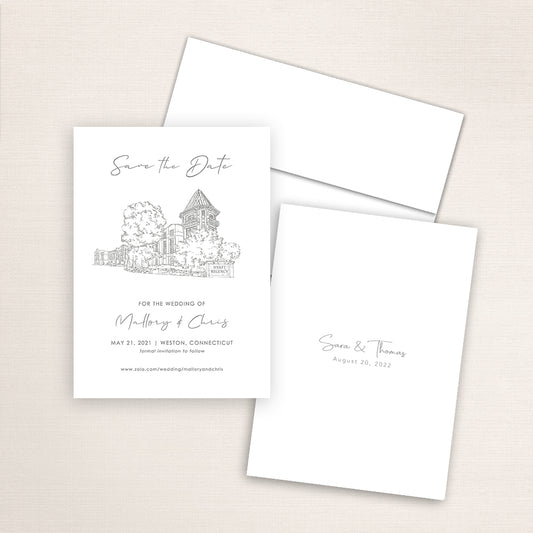Custom sketch Save the Date card featuring hand-drawn venue illustration of the Hyatt Regency Weston in Weston, Connecticut, personalized wedding stationery with elegant venue artwork. 