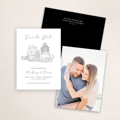 Custom sketch Save the Date card featuring hand-drawn venue illustration of the Hyatt Regency Weston in Weston, Connecticut, personalized wedding stationery with elegant venue artwork with matching envelope.