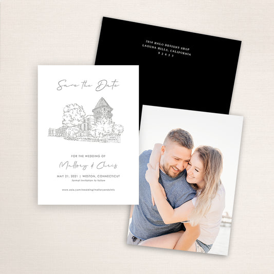 Custom sketch Save the Date card featuring hand-drawn venue illustration of the Hyatt Regency Weston in Weston, Connecticut, personalized wedding stationery with elegant venue artwork with matching envelope.