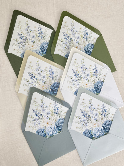 Dusty Blue and white floral Vellum Wrap  + Matching Envelope