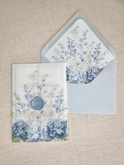Dusty Blue and white floral Vellum Wrap  + Matching Envelope