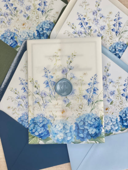 Rich Blues & White floral Vellum Wrap  + Matching Envelope