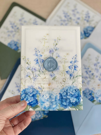 Rich Blues & White floral Vellum Wrap  + Matching Envelope