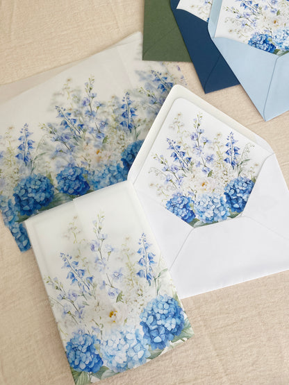 Rich Blues & White floral Vellum Wrap  + Matching Envelope