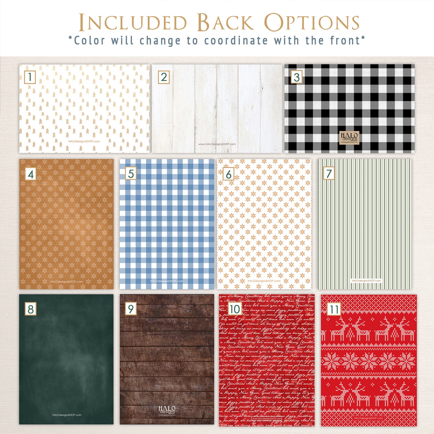 Holiday card back design options from Halo Design Shop featuring eleven coordinating patterns, including pine tree print, white wood planks, black buffalo check, gold snowflakes, blue gingham, striped backgrounds, green chalkboard, dark wood, red handwritten script, and red Nordic reindeer knit designs.
