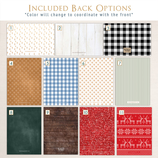 Holiday card back design options from Halo Design Shop featuring eleven coordinating patterns, including pine tree print, white wood planks, black buffalo check, gold snowflakes, blue gingham, striped backgrounds, green chalkboard, dark wood, red handwritten script, and red Nordic reindeer knit designs.