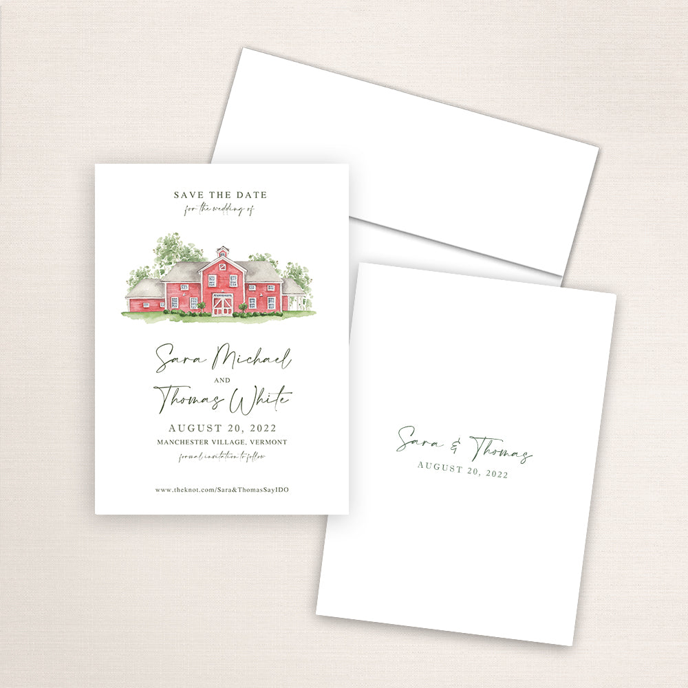 Custom watercolor Save the Date card featuring hand-painted venue illustration of The Inn at Manchester in Manchester Village, Vermont, personalized wedding stationery with elegant venue artwork. 