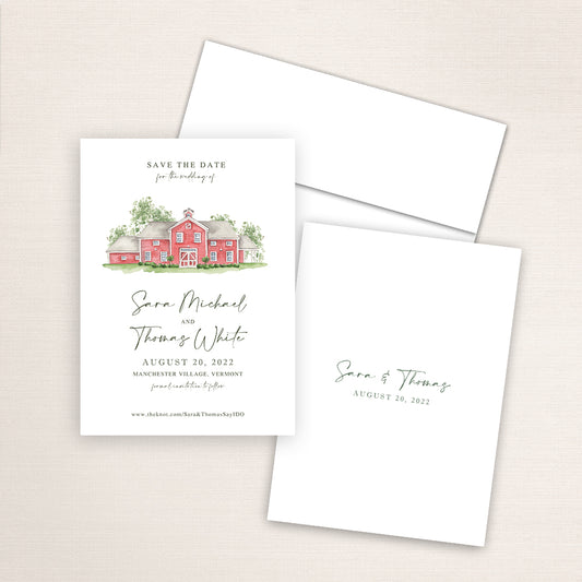 Custom watercolor Save the Date card featuring hand-painted venue illustration of The Inn at Manchester in Manchester Village, Vermont, personalized wedding stationery with elegant venue artwork. 