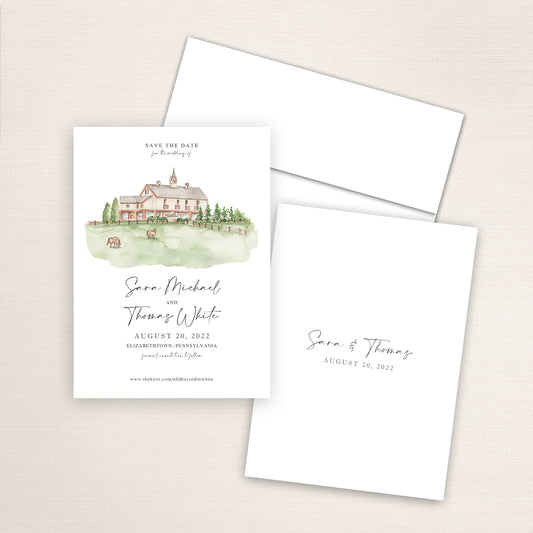 Custom watercolor Save the Date card featuring hand-painted venue illustration of Ironstone Ranch in Elizabethtown, Pennsylvania, personalized wedding stationery with elegant venue artwork. 