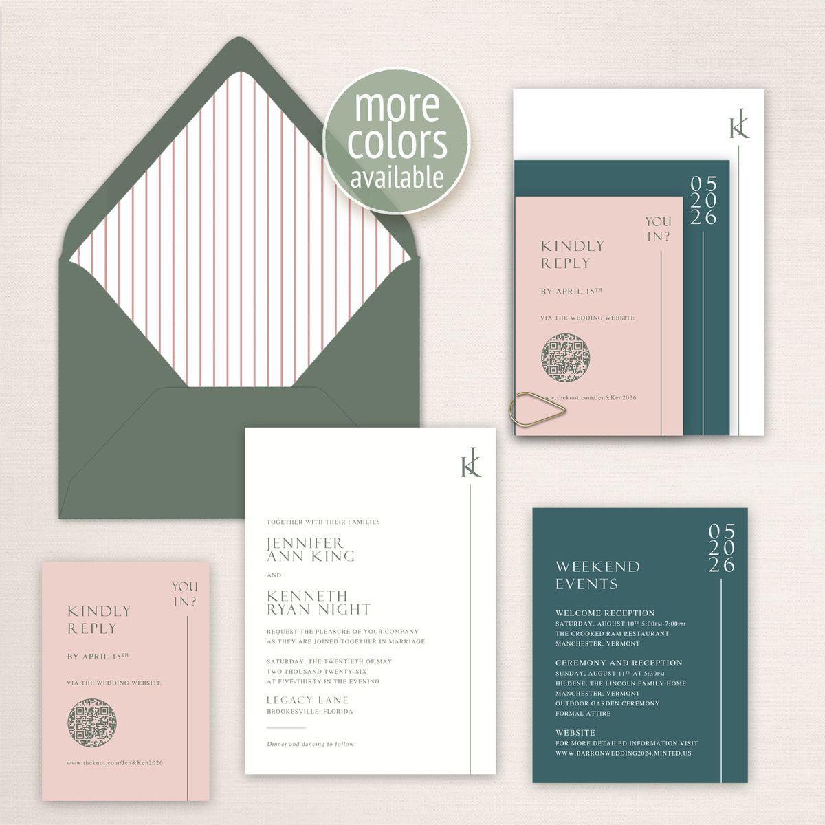 Modern teal, peach blush and olive sage green wedding invitation suite with minimalist typography, striped envelope liner, monogram, QR code RSVP card, weekend events details card and layered contemporary stationery.