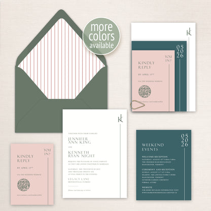 Modern teal, peach blush and olive sage green wedding invitation suite with minimalist typography, striped envelope liner, monogram, QR code RSVP card, weekend events details card and layered contemporary stationery.