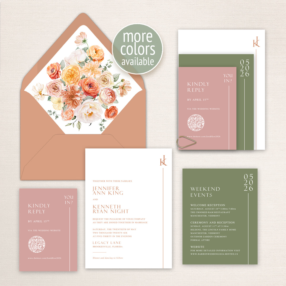 Terracotta or peach with sage green or olive green and dusty rose wedding invitation suite with colorful watercolor floral envelope liner, modern monogram, QR code RSVP card, weekend events card and elegant minimalist typography.