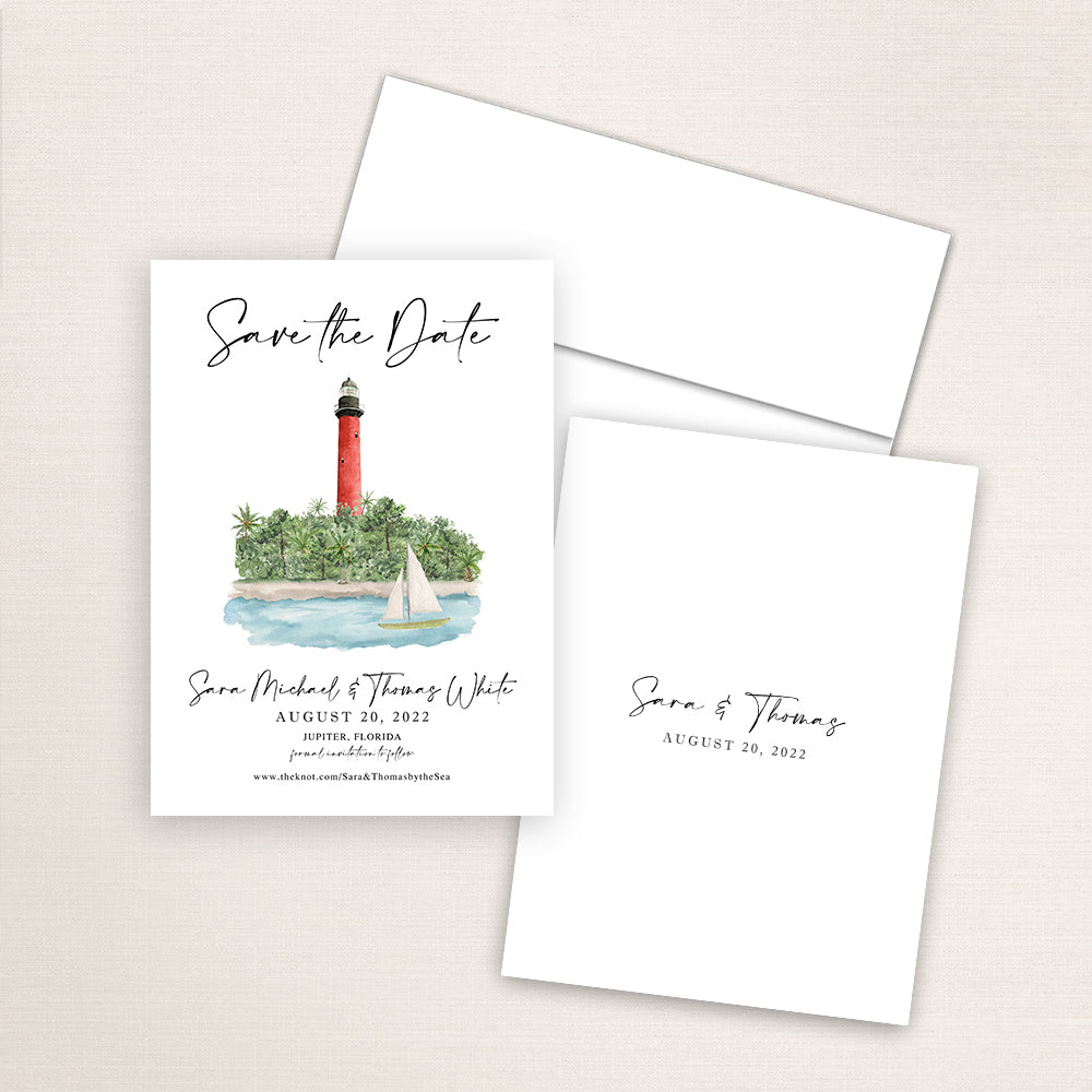 Custom watercolor Save the Date card featuring hand-painted venue illustration of Jupiter Lighthouse and sailboat in Jupiter, Florida. Personalized wedding stationery with elegant venue artwork. 