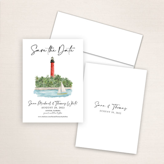 Custom watercolor Save the Date card featuring hand-painted venue illustration of Jupiter Lighthouse and sailboat in Jupiter, Florida. Personalized wedding stationery with elegant venue artwork. 
