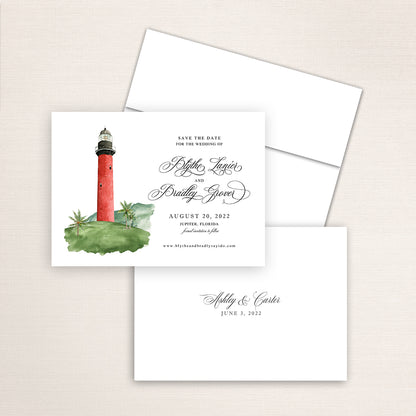 Custom watercolor Save the Date card featuring hand-painted venue illustration of Jupiter Lighthouse in Jupiter, Florida, personalized wedding stationery with elegant venue artwork. 