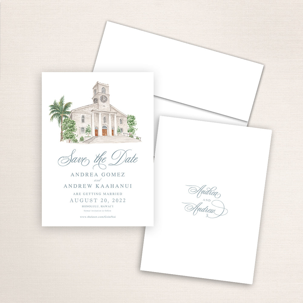 Custom watercolor Save the Date card featuring hand-painted venue illustration of Kawaiahao Church in Honolulu, Hawaii, personalized wedding stationery with elegant venue artwork. 