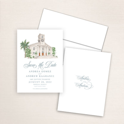 Custom watercolor Save the Date card featuring hand-painted venue illustration of Kawaiahao Church in Honolulu, Hawaii, personalized wedding stationery with elegant venue artwork. 