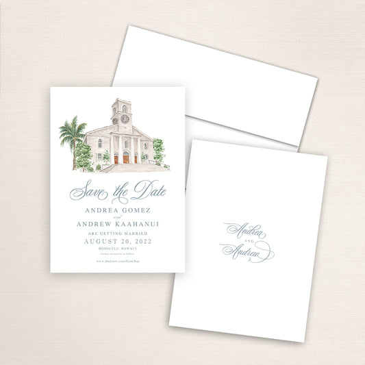 Custom watercolor Save the Date card featuring hand-painted venue illustration of Kawaiahao Church in Honolulu, Hawaii, personalized wedding stationery with elegant venue artwork. 