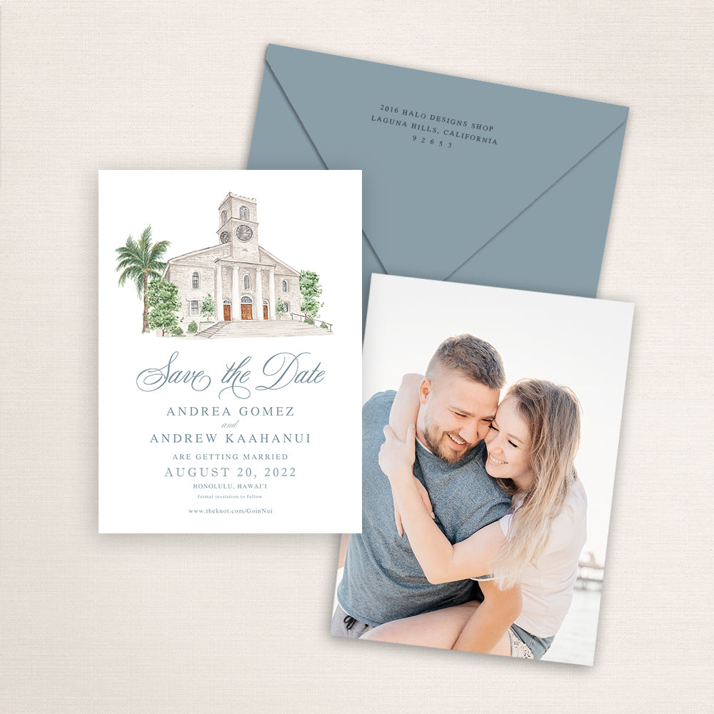 Custom watercolor Save the Date card featuring hand-painted venue illustration of Kawaiahao Church in Honolulu, Hawaii, personalized wedding stationery with elegant venue artwork with matching envelope.