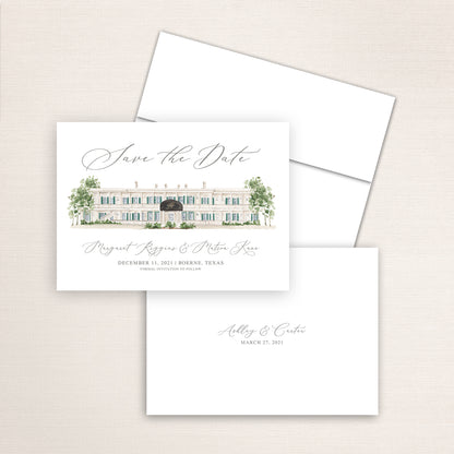 Custom watercolor Save the Date card featuring hand-painted venue illustration of The Kendall in Boerne, Texas, personalized wedding stationery with elegant venue artwork.