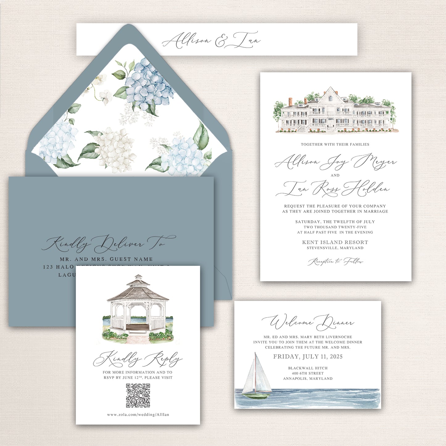 Wedding invitation suite with watercolor Kent Island Resort venue, blue hydrangea envelope liner, gazebo RSVP card, and seaside sailboat details.