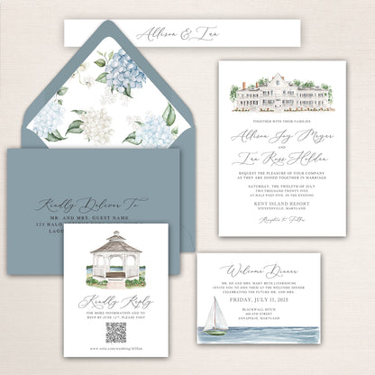 Wedding invitation suite with watercolor Kent Island Resort venue, blue hydrangea envelope liner, gazebo RSVP card, and seaside sailboat details.