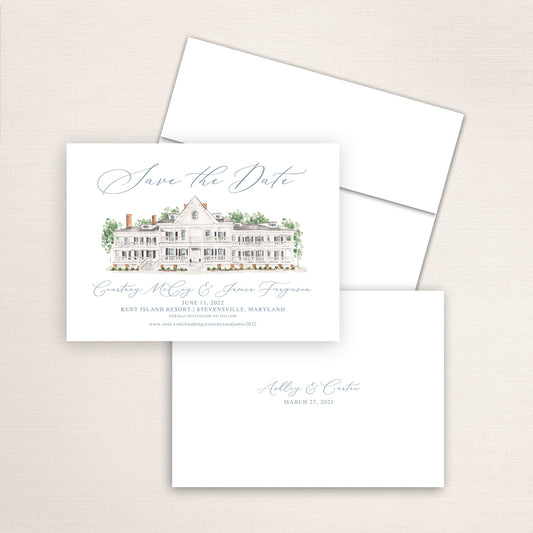 Custom watercolor Save the Date card featuring hand-painted venue illustration of Kent Island Resort in Stevensville, Maryland, personalized wedding stationery with elegant venue artwork.