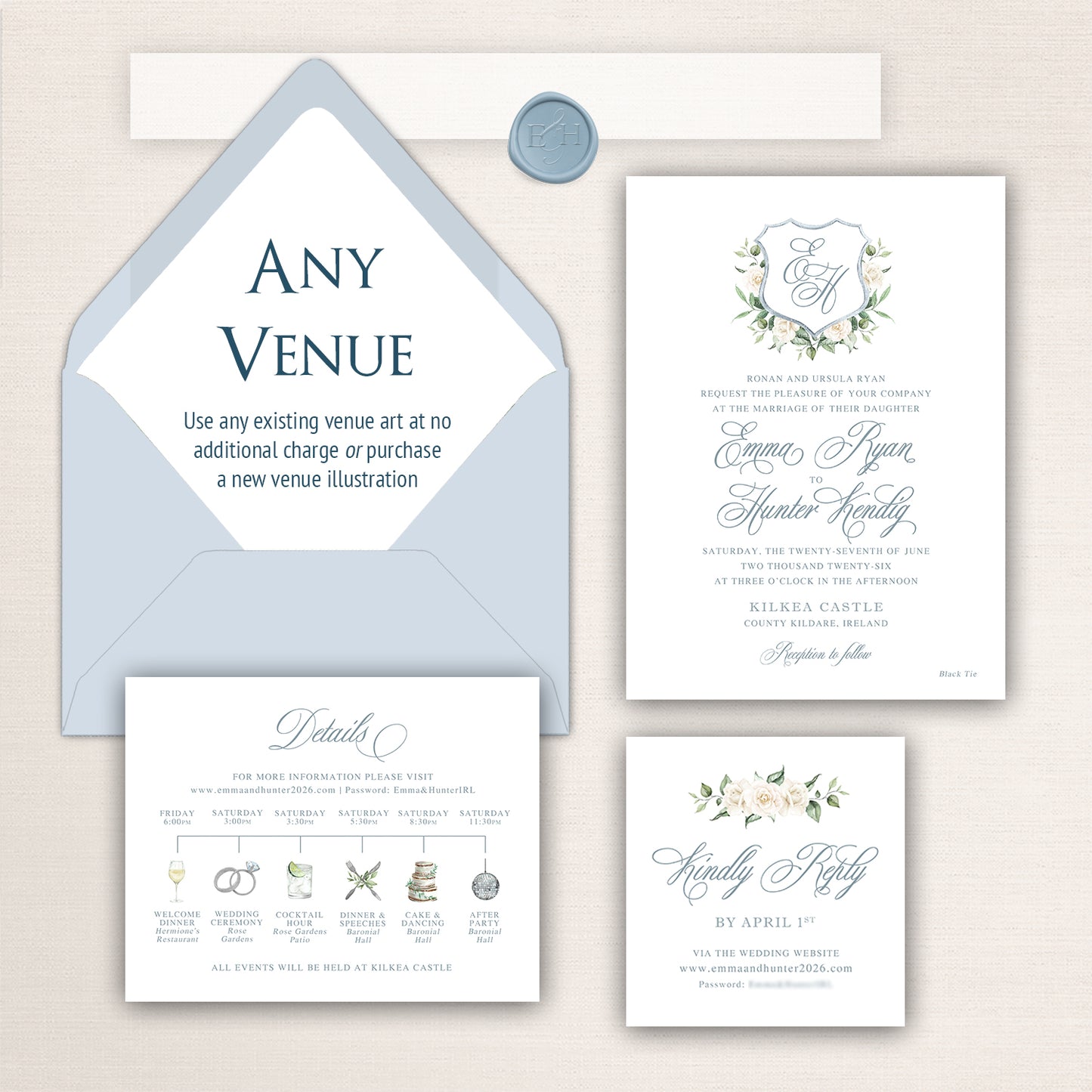 Refined Kilkea Castle wedding invitation suite featuring a powder blue envelope with “Any Venue” placeholder liner design, formal wedding invitation with floral crest monogram and romantic script typography, coordinating wedding weekend details card with illustrated event icons, and minimalist RSVP card in soft blue, sage green, ivory, and neutral tones.